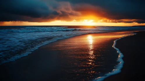 Littoral wavefront under stratified storm clouds at sunset.
