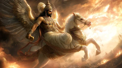 Winged warrior deity riding armored white horse in sky.