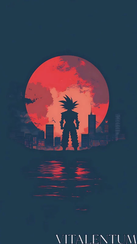 Silhouetted warrior before red moon over urban skyline.