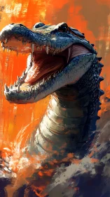 Crocodile surges from turbulent water against blazing sky