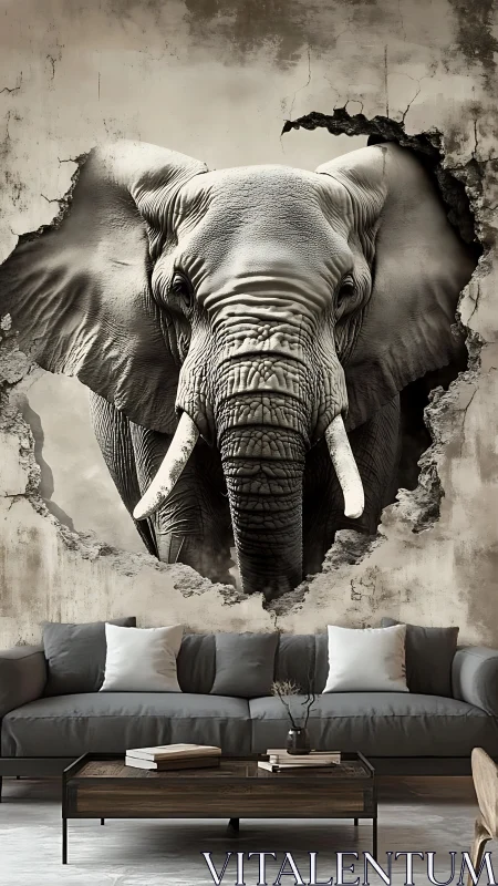 Photorealistic elephant mural breaking textured wall surface.