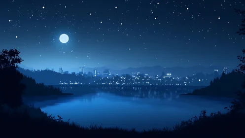 Moonlit lakeside city glows softly under a gentle starry sky