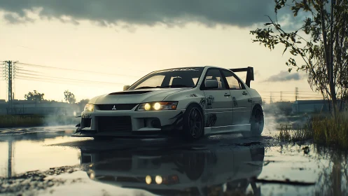 Street-tuned sports car gliding through moody rainy dusk.