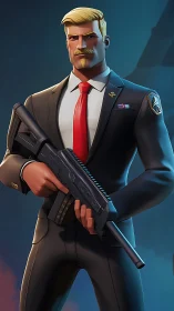 Suited guardian stands poised with rifle in neon hush.