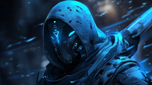Hooded cybernetic warrior with glowing blue helmet.
