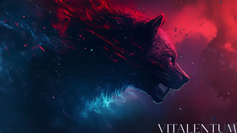 Neon wolf profile splits red and blue cosmic void.