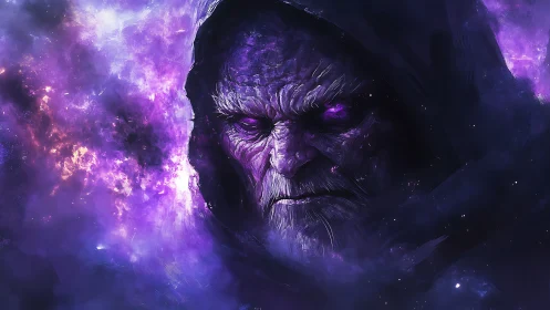 Cosmic hooded warlord emerging from violet nebular turbulence.