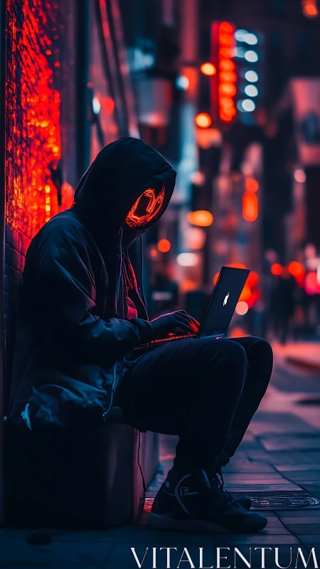 Hooded laptop user on neon lit urban sidewalk at night.