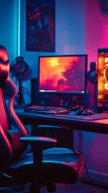 Cozy neon gaming desk glowing with relaxing sci fi vibes.