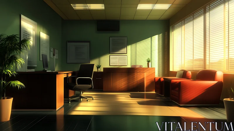 Sunlit executive office interior with warm cinematic lighting