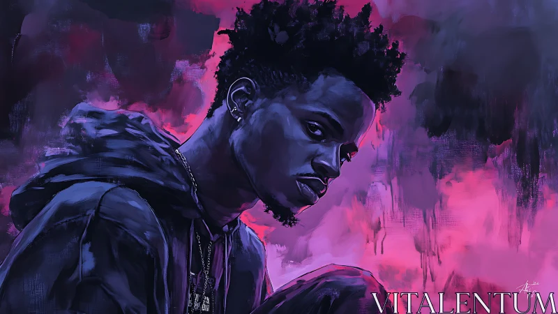 Moody portrait of hooded youth against neon magenta haze