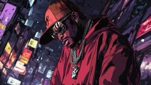 Vector urban portrait of hooded rapper under neon signage.