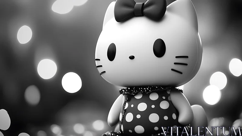 Monochrome 3D cat figurine stands against blurred bokeh background