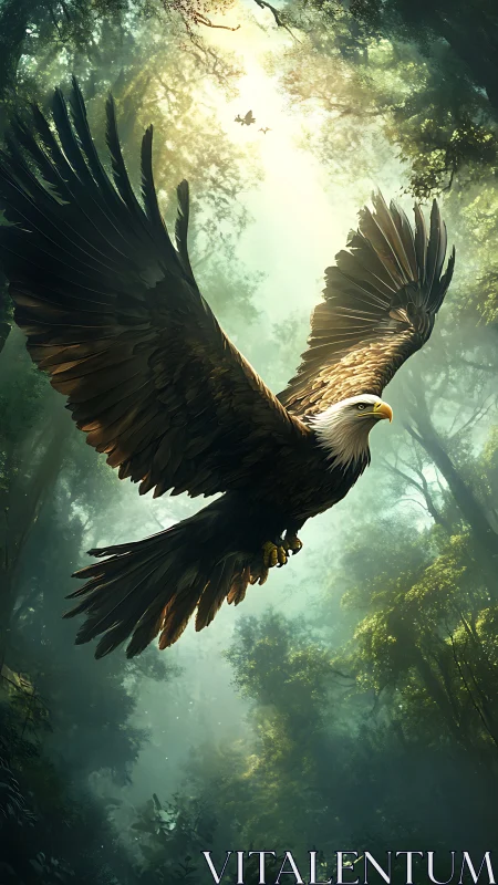 Digital rendering shows an eagle gliding through a dense forest