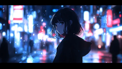 City lights borrow her silence while neon rain drifts down