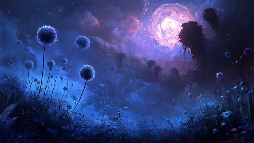 Bioluminescent meadow under vortex sky with deep blue atmospheric scattering