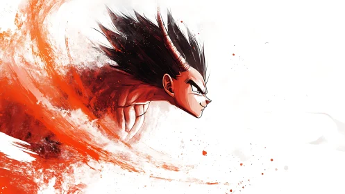 Demonic anime warrior bursts through red energy arc.