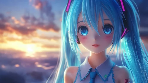 Skylit cyber songstress drinks in a pastel digital dawn