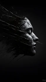 Monochrome fragmented profile as dissolving stone bust study.