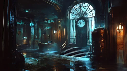 Grand clock hall in dimly lit historic interior scene.