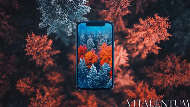 Smartphone frames vivid cyan and ember forest canopy