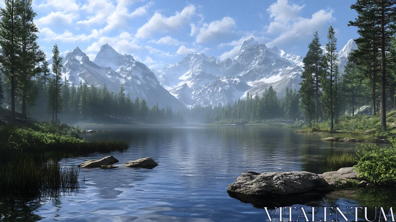 Peaceful mountain lake quietly reflects snow capped pines