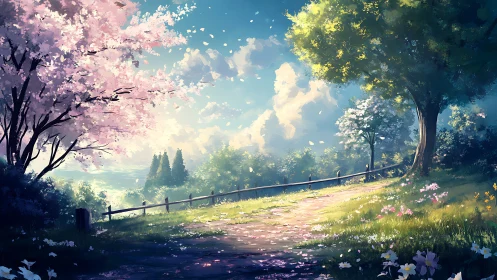 Spring lane under blossoms in luminous anime landscape.