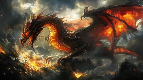 Digital painting of blazing dragon amid storm-forged inferno.