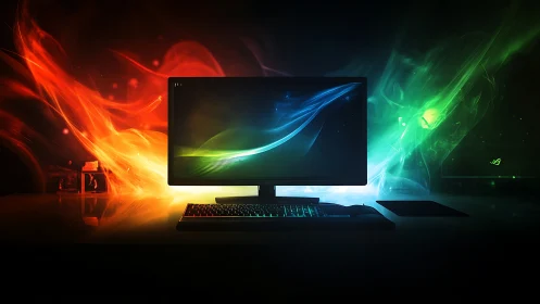 Desktop computer on dark desk with red and green light effects.