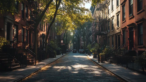 Cobbled brownstone street in warm late afternoon backlight