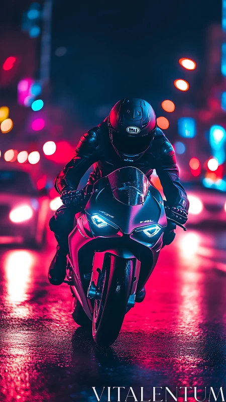 Neon-lit superbike rider charges through vibrant night streets.