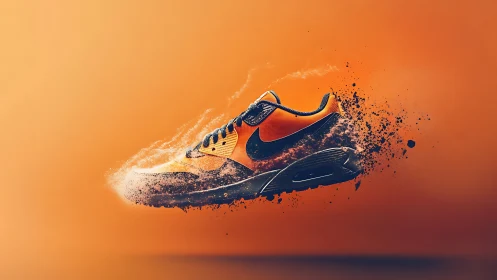 Explosive orange sneaker dissolving into motion-charged dust.