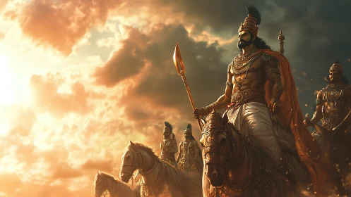 Radiant warrior king riding at dawn with loyal companions.