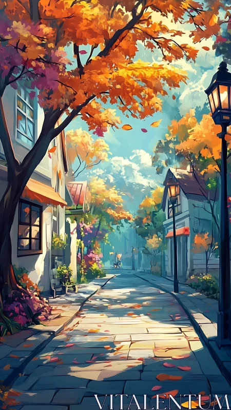 Tree-lined residential street in early autumn daylight scene.