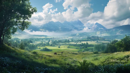 Sunlit alpine valley opens toward distant snowcapped peaks