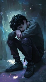 Midnight loner curls into neon shadows of painted silence.