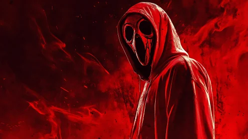 Hooded specter with skull mask amid turbulent red combustion.