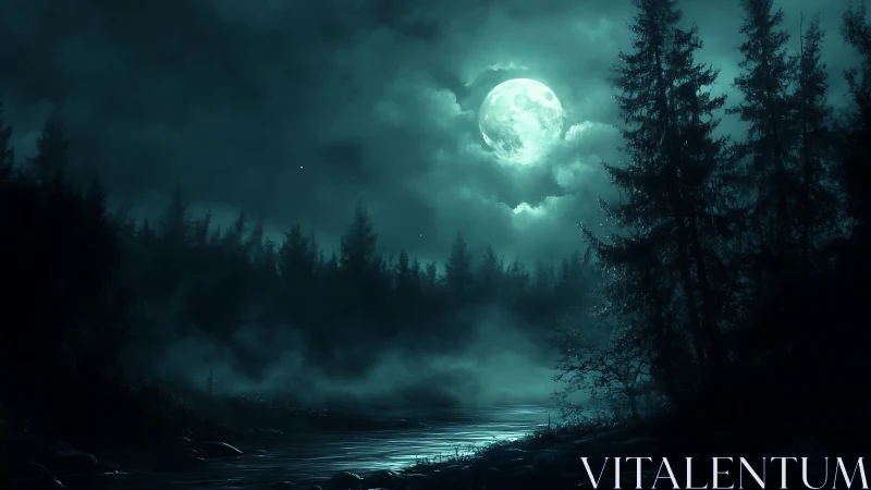 Moonlit river hush under spectral evergreen guardians.