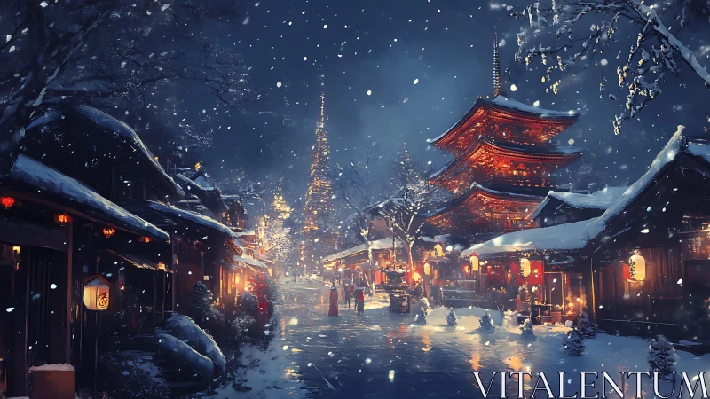 Snow-covered Japanese street with illuminated pagoda and lantern glow