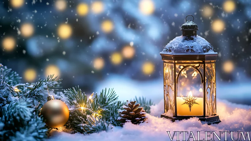 Snowlit lantern with bokeh, pine foliage, and candle glow.