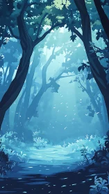 Forest corridor with stream under layered canopy