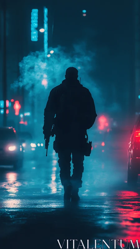 Neon rogue stalks a rain-slicked midnight street in blue haze.