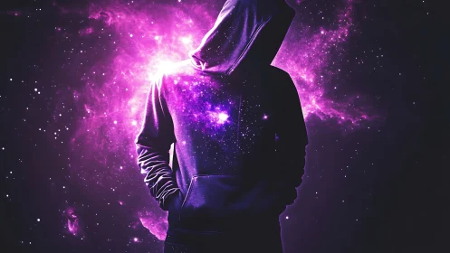 Hooded silhouette merged with purple cosmic nebula backdrop.