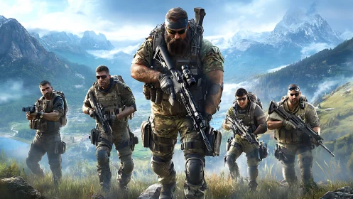 Five tactical soldiers advance through mountainous terrain