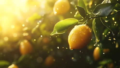 Single wet lemon on sunlit branch in shallow focus orchard.