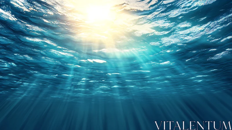 Sunlight pours through tranquil blue ocean waves above