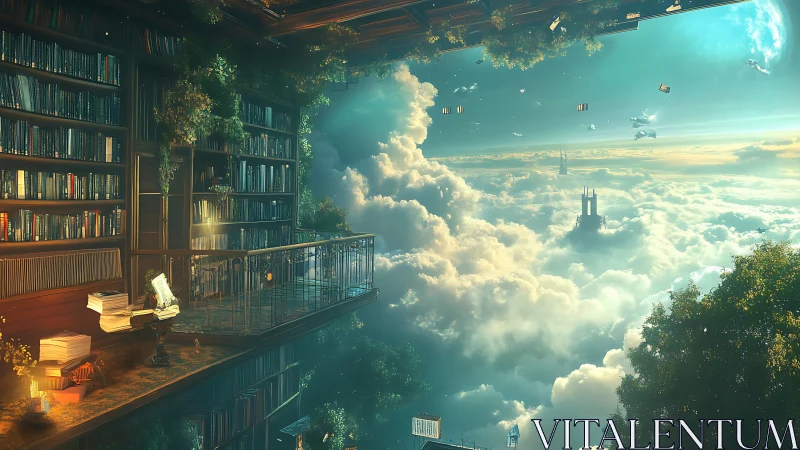 Skyborne library balcony overlooking ethereal cloudscape.