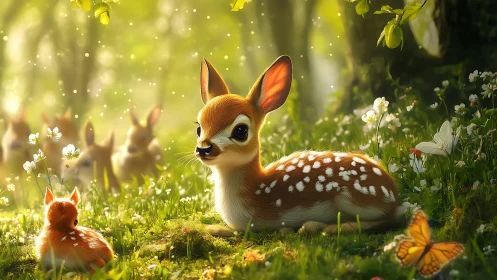 Backlit fawn in shallow-depth forest glade with soft bloom lighting