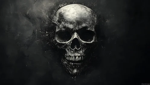 Weathered human skull emerges from dense black void