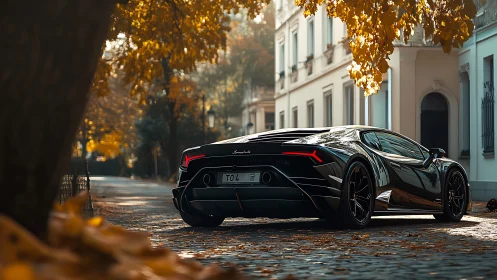 Black supercar reflects autumnal street architecture in detail